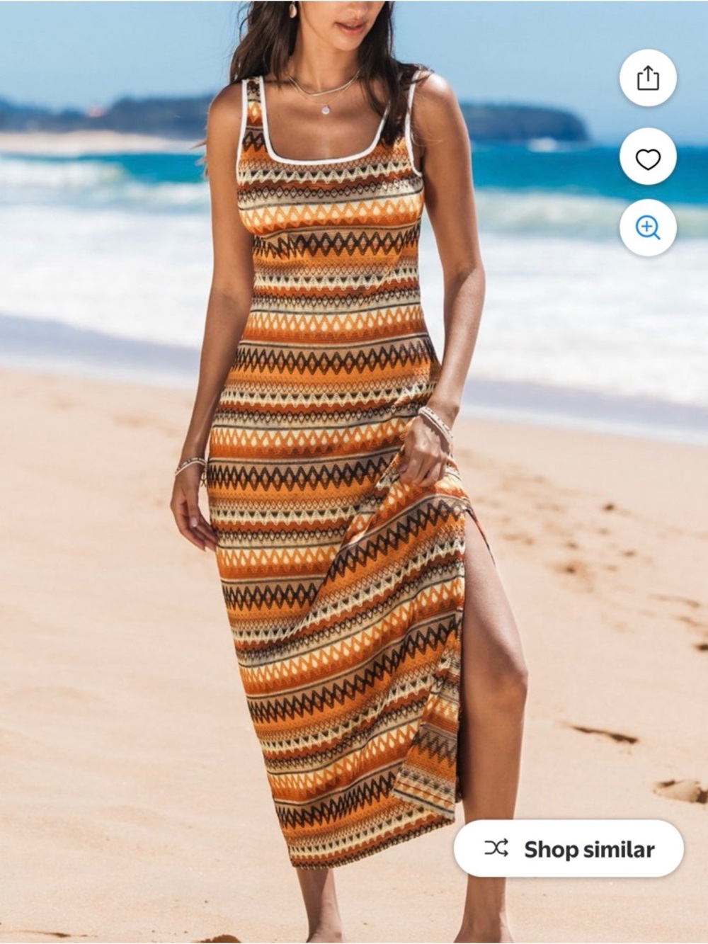 Sleeveless Orange Patterned Maxi Dress with Side Slit